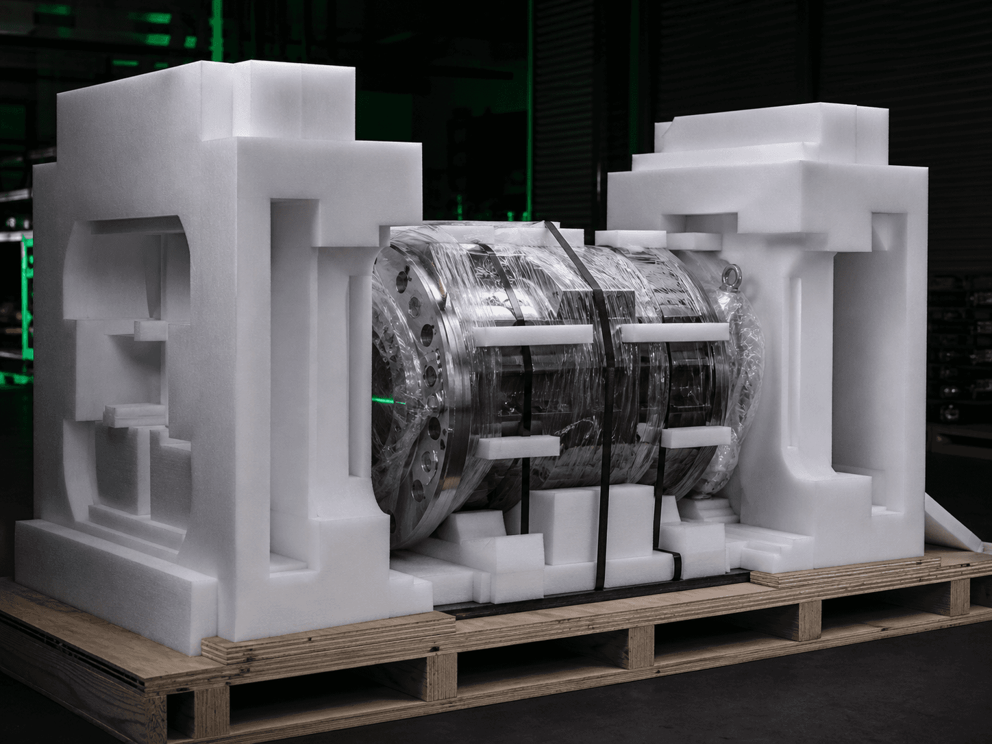 Industrial machinery component protected by heavy-duty EPE foam supports