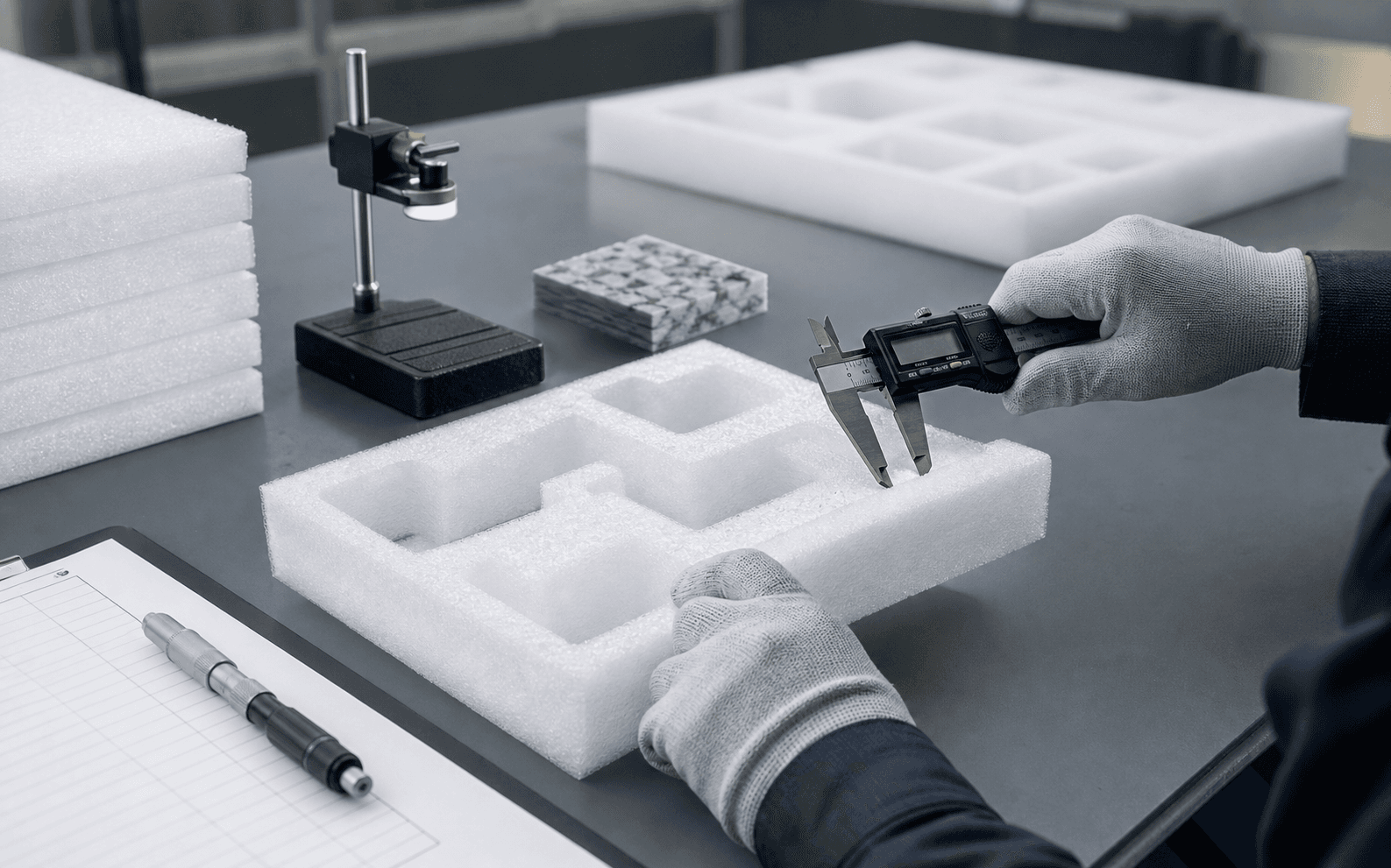 Temporary visual of dimensional inspection for custom EPE foam packaging