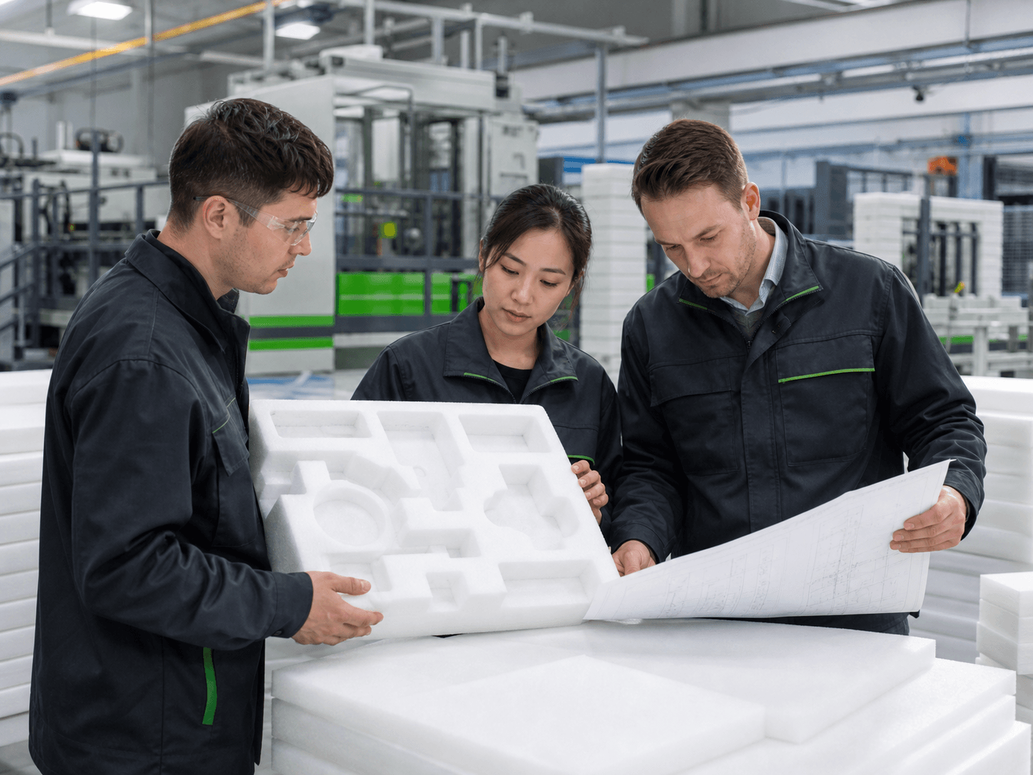 Packaging engineers reviewing a custom EPE foam insert in the production facility