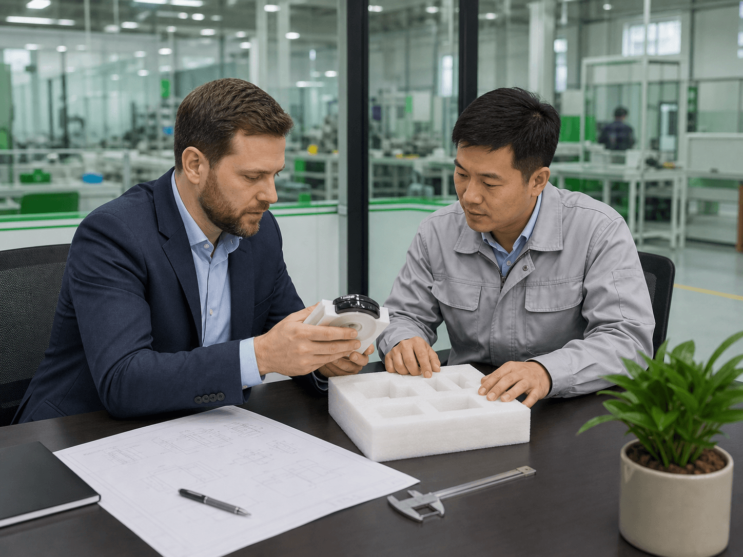 Packaging engineer and export project manager reviewing a customer sample and foam insert