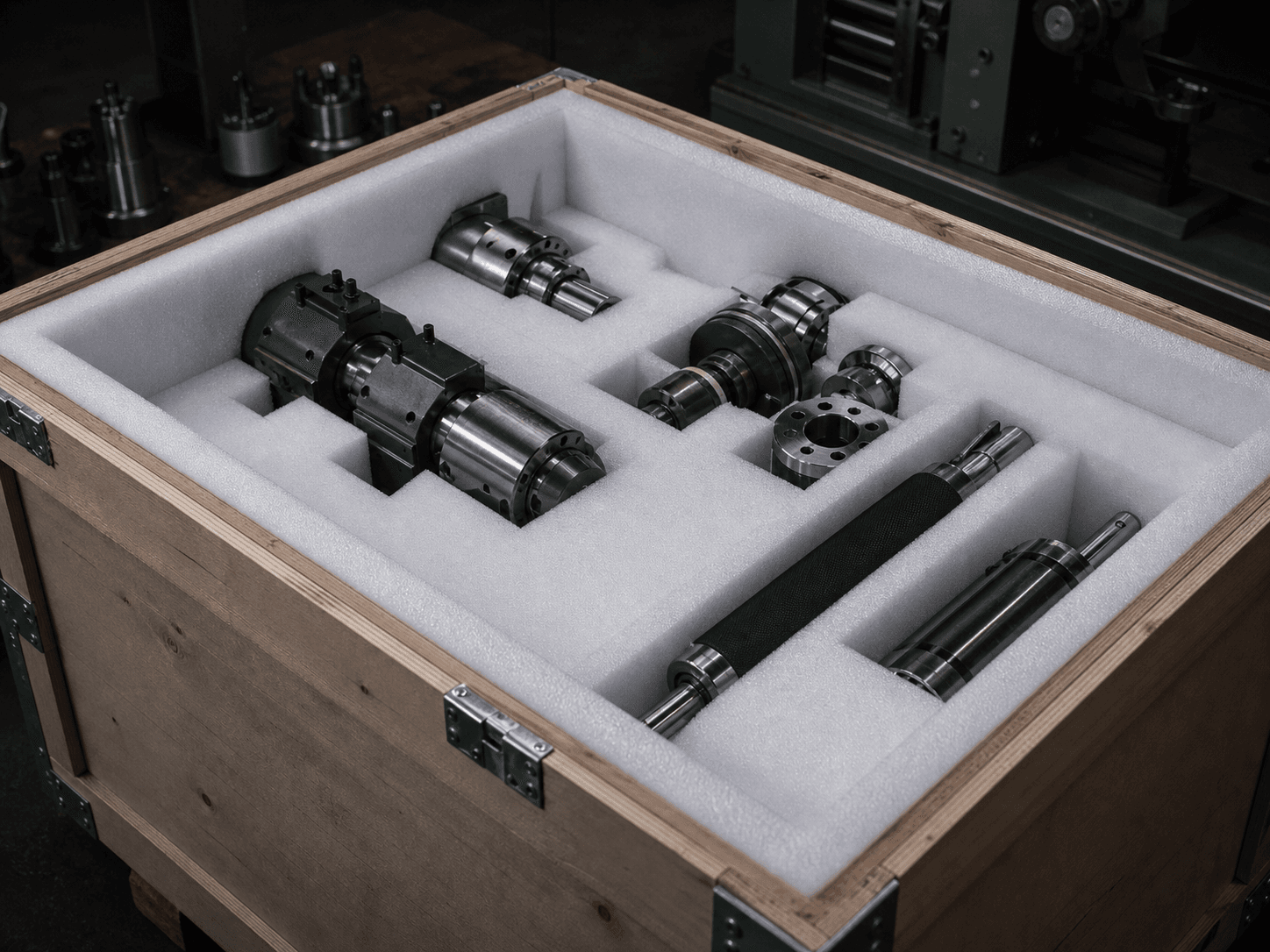 Industrial machine parts secured in EPE foam inside an export crate