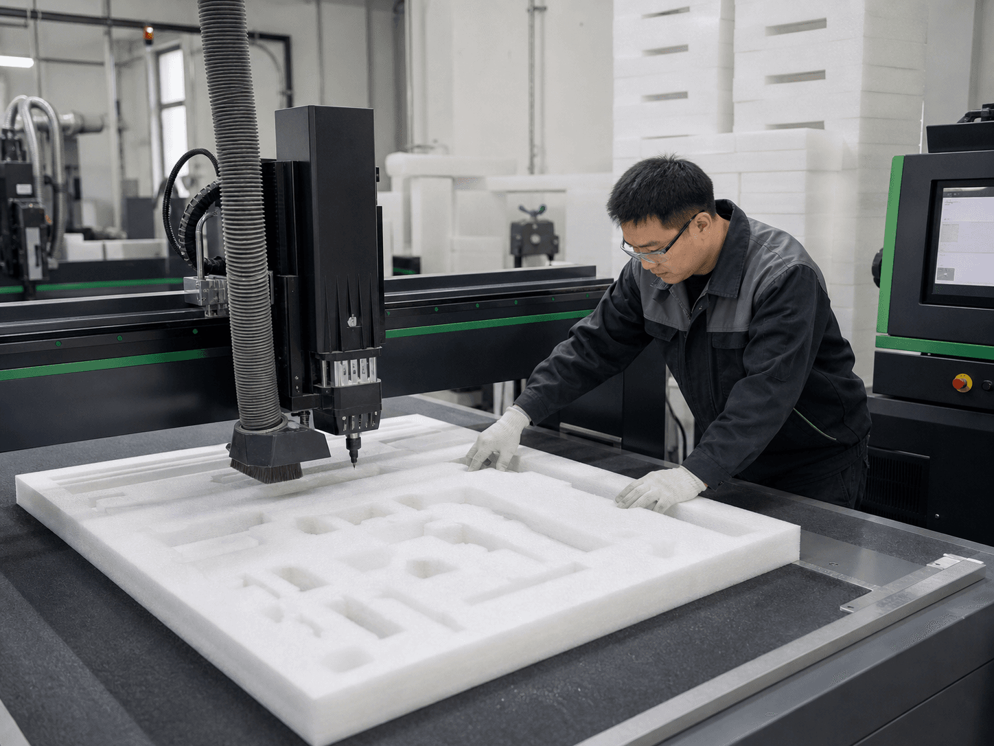 Precision cutting of a custom EPE foam insert