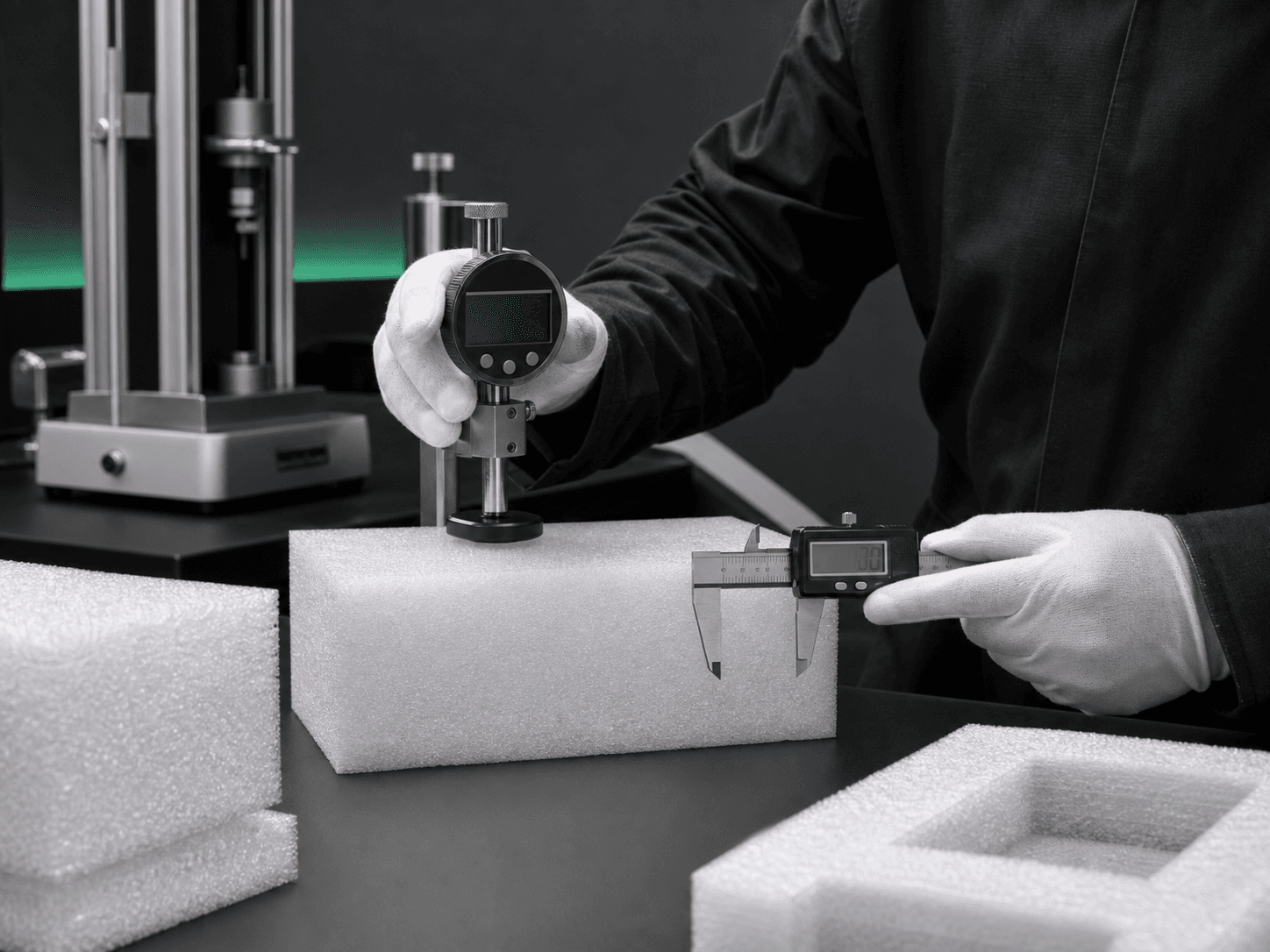 Quality technician testing EPE foam material